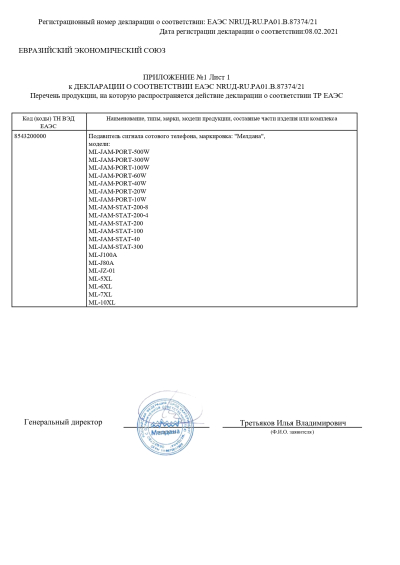 Сертификат Комплекс обнаружения и подавления БПЛА ML-SAD-MALAHIT2-V1